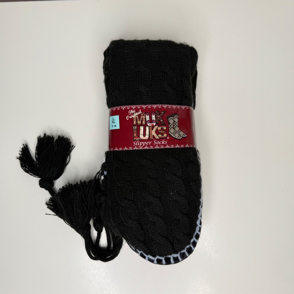 Muk Luks Slipper Socks Womens Black Cable Knit Tassel Cabincore Cottagecore L/XL